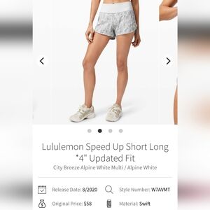 Lululemon Speed Up Short Long 4" Updated Fit Sz 6 Alpine White